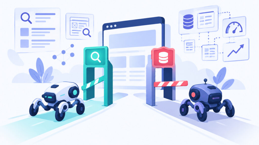 Illustration of allowing OAI-SearchBot through a gate while blocking GPTBot in robots.txt