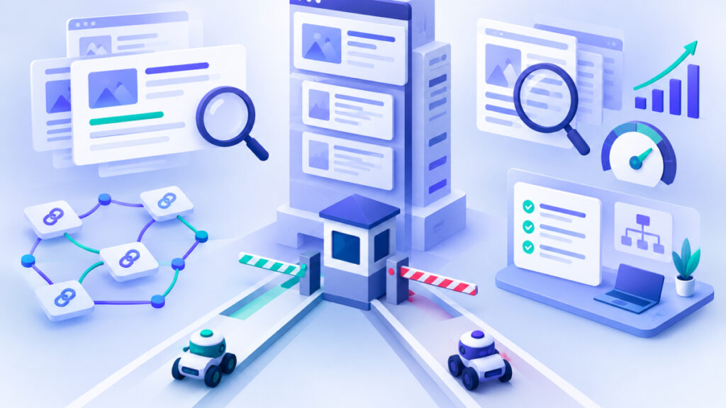 Diagram-style illustration of a robots.txt policy that allows OAI-SearchBot and blocks GPTBot