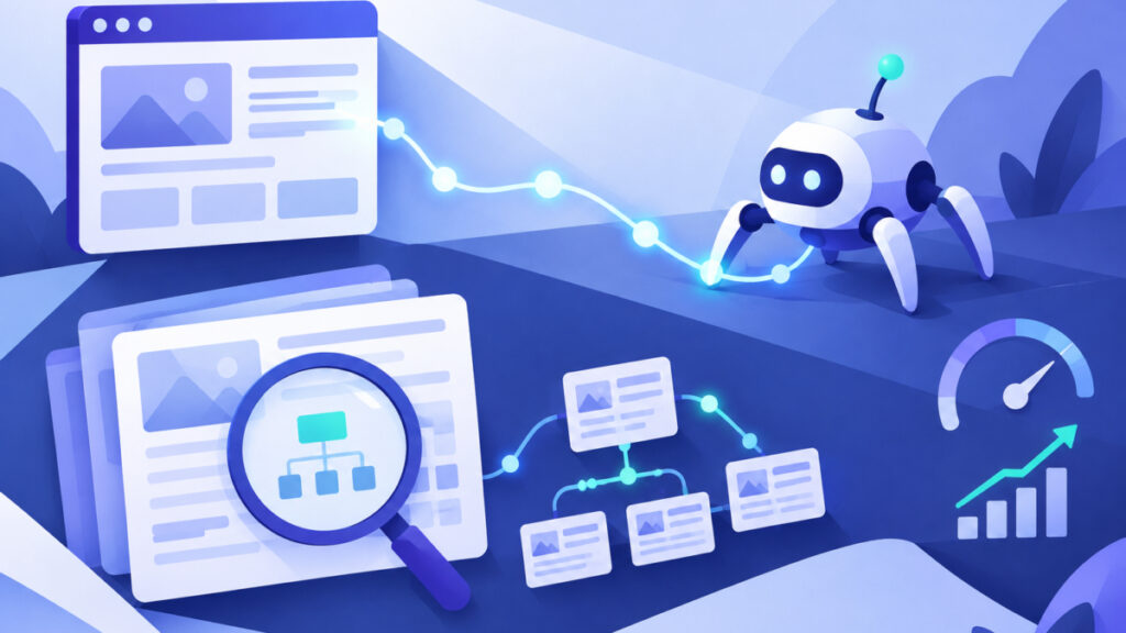 Illustration of a crawler following connected links from a web page