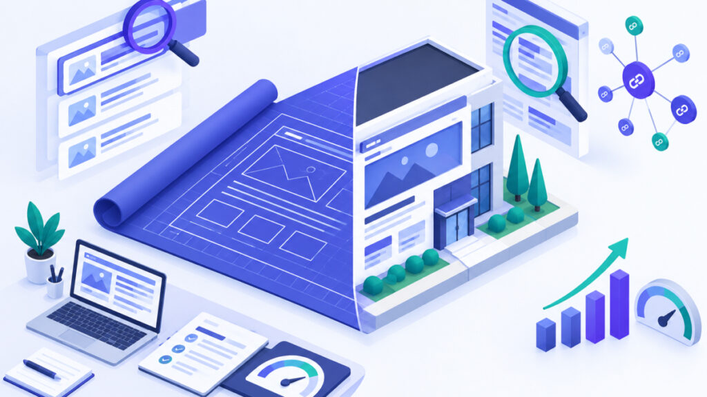 Blueprint turning into a finished building to show initial versus rendered HTML