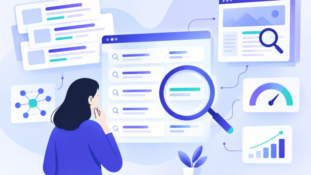 Illustration of reviewing search query data to find long-tail keywords in Google Search Console