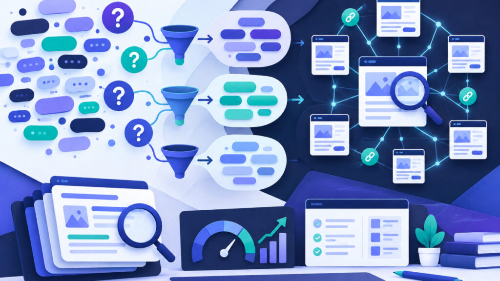 Illustration of filtering and grouping search queries by reader intent