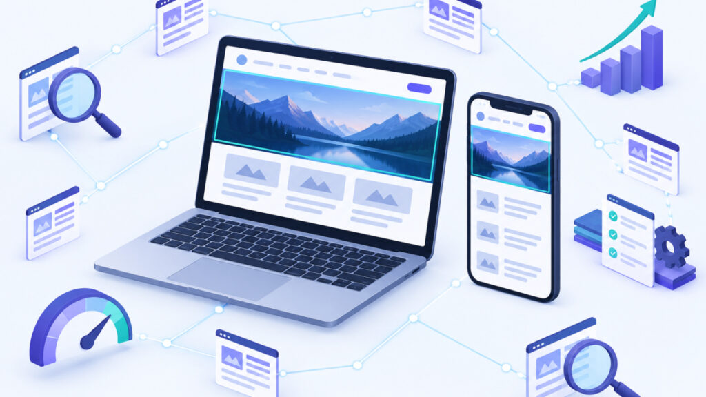 Illustration comparing whether to lazy load hero image content across desktop and mobile viewports