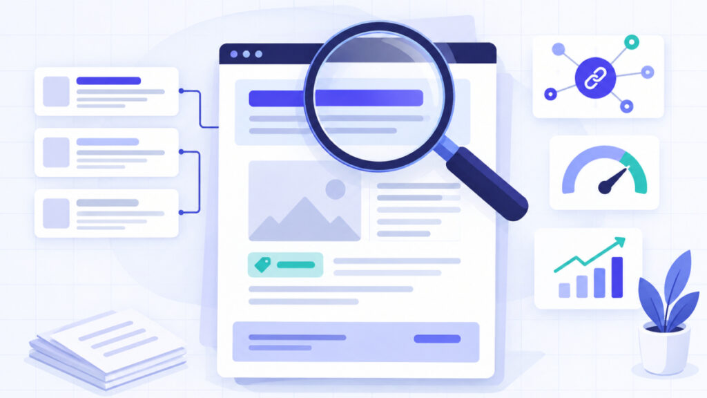 Illustration of auditing a webpage title tag against its visible heading and metadata
