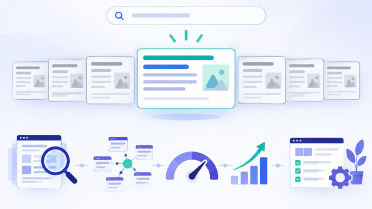 Illustration contrasting repeated boilerplate page titles with one distinct corrected title