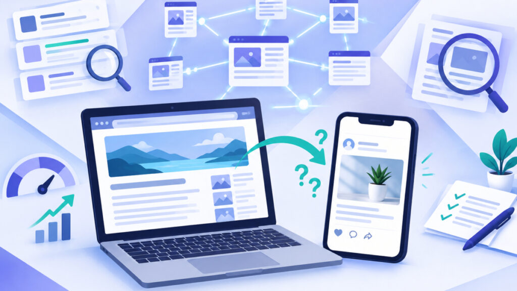 Diagram illustrating the wrong image showing when sharing website link across a laptop and phone preview