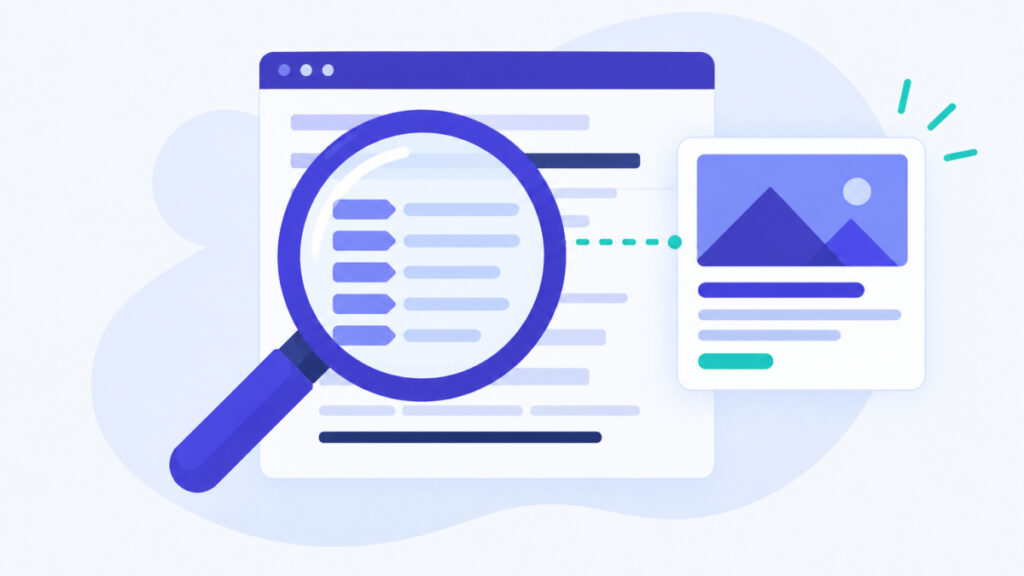 Magnifying glass inspecting Open Graph tags to diagnose a wrong image showing when sharing website link