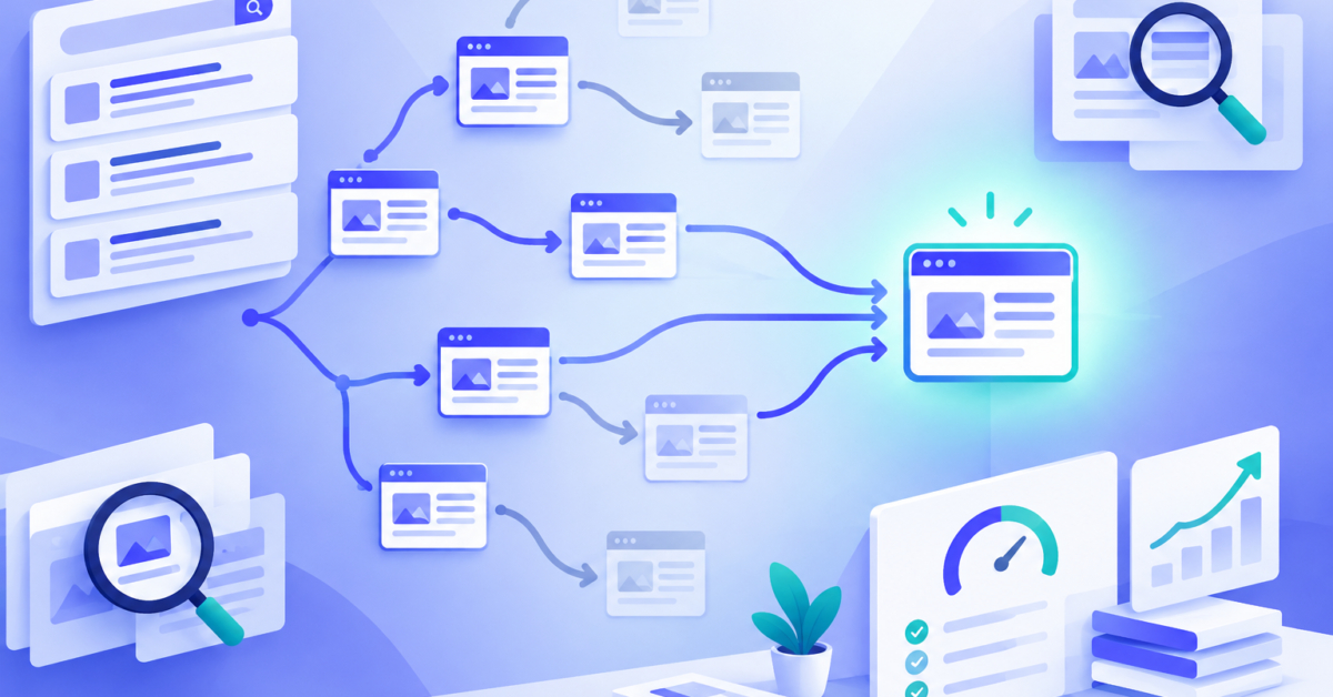 Conceptual illustration of an XML sitemap that contains redirect and non canonical URLs converging into one preferred page