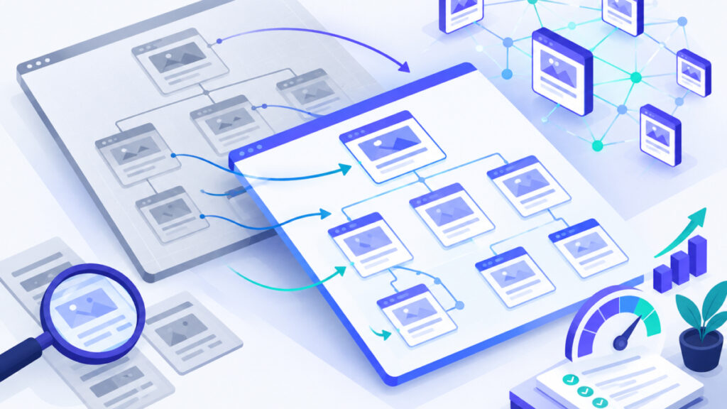 Overlapping old and new website blueprints representing a site redesign