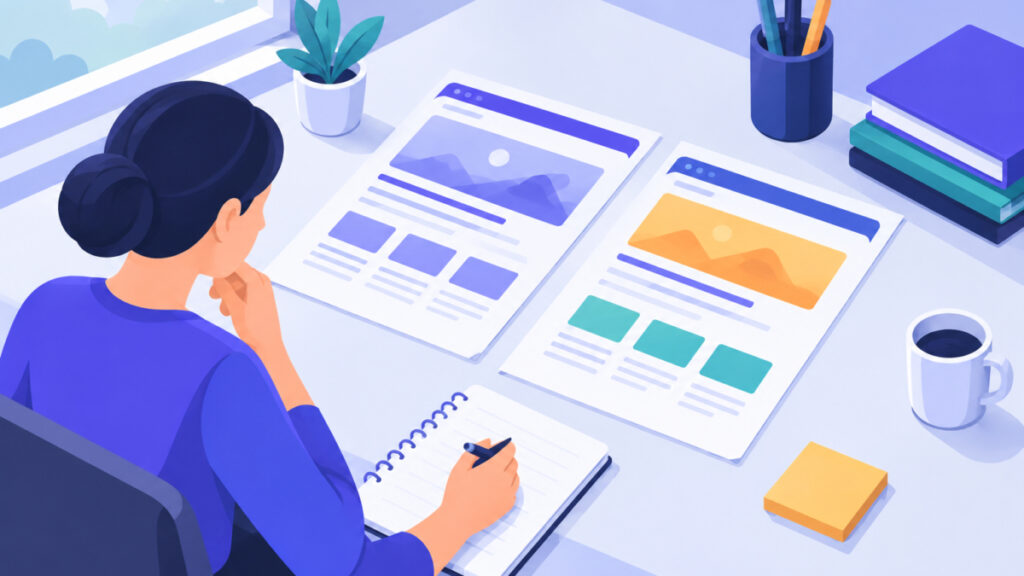 Freelancer comparing two web pages while planning advanced keyword research and competitor analysis