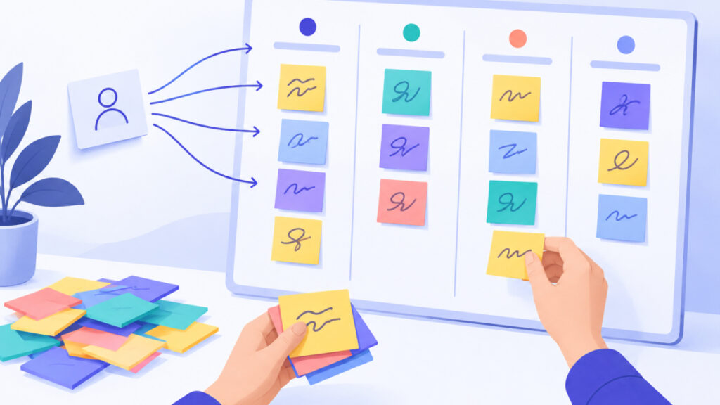 Sticky notes sorted into columns to build a keyword list from one customer task