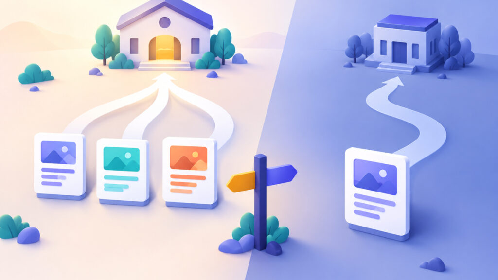 Paths merging into one page or splitting into separate pages depending on search intent