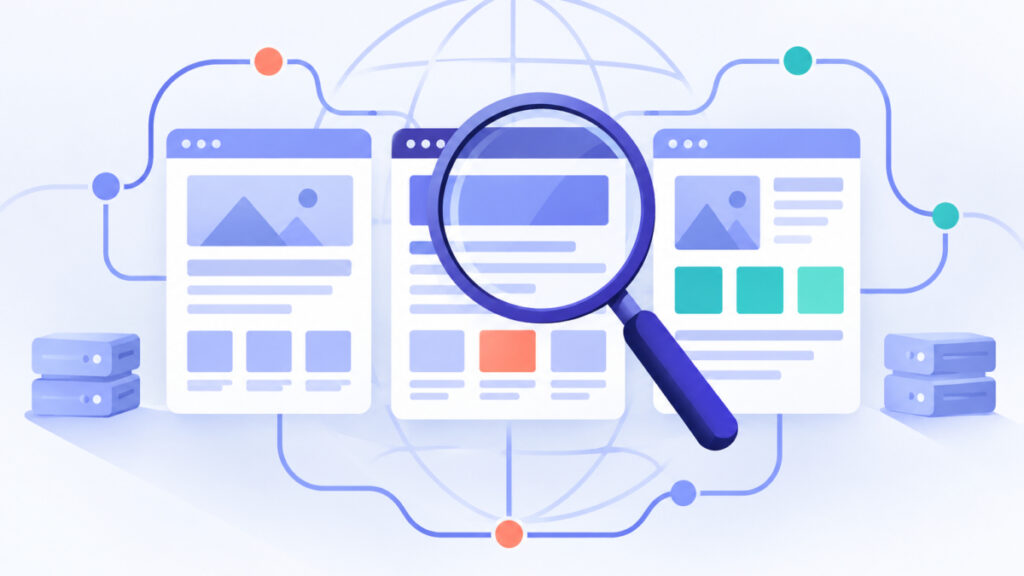 Magnifying glass inspecting the structure of several web pages during advanced research
