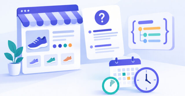Online store shelf with question cards illustrating FAQ JSON-LD schema markup for ecommerce
