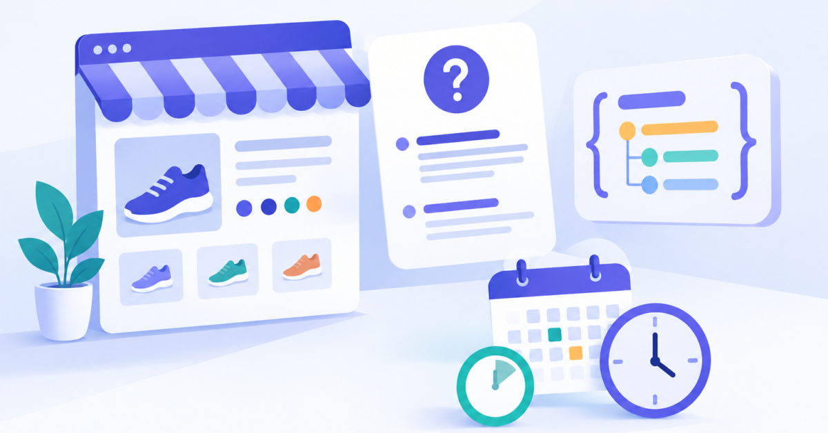 Online store shelf with question cards illustrating FAQ JSON-LD schema markup for ecommerce