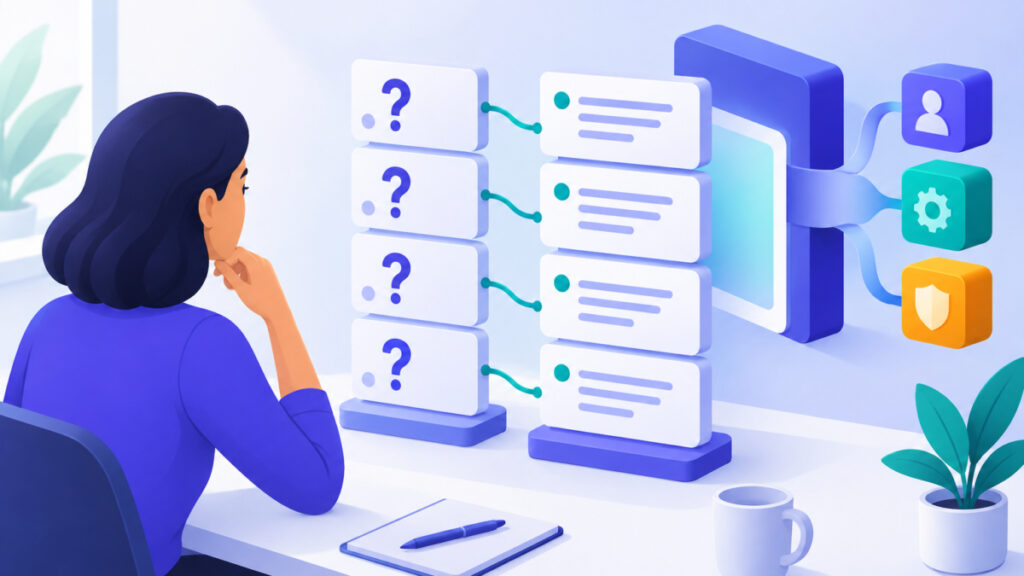 Ecommerce store owner sorting question and answer cards to plan FAQ JSON-LD schema markup