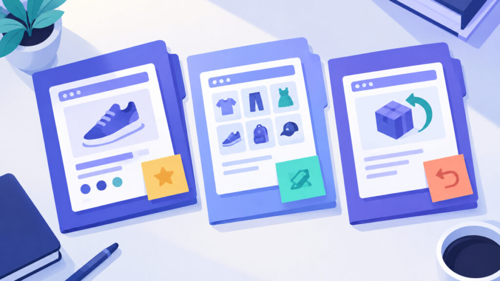 Three folders representing product, category and shipping pages that may need FAQ content