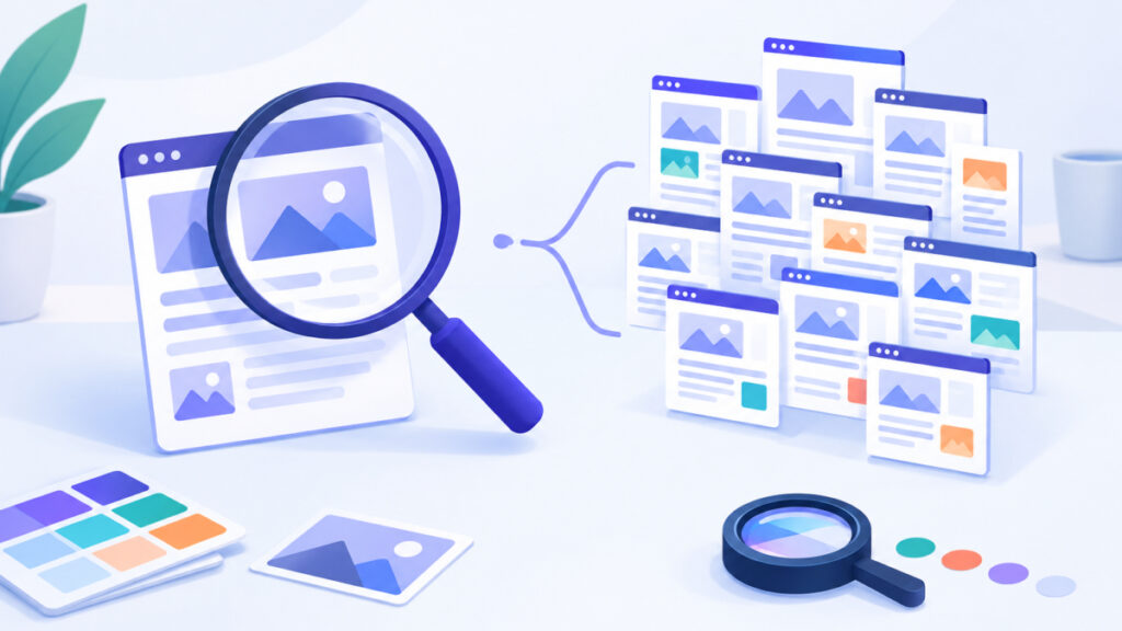 Magnifying glass comparing one page with a cluster of site pages for URL versus origin field data