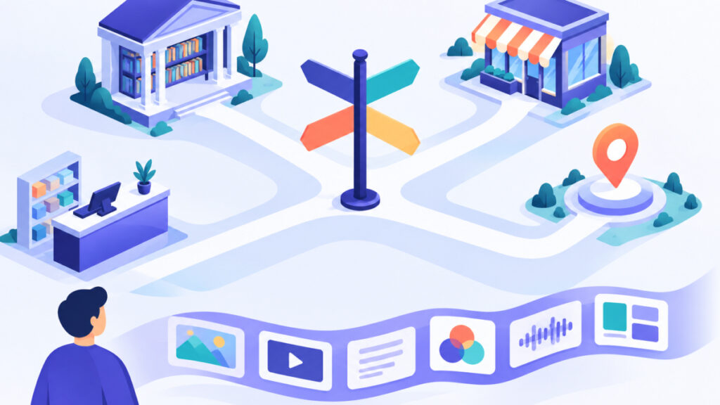 Signpost with four paths representing the four types of intent based search