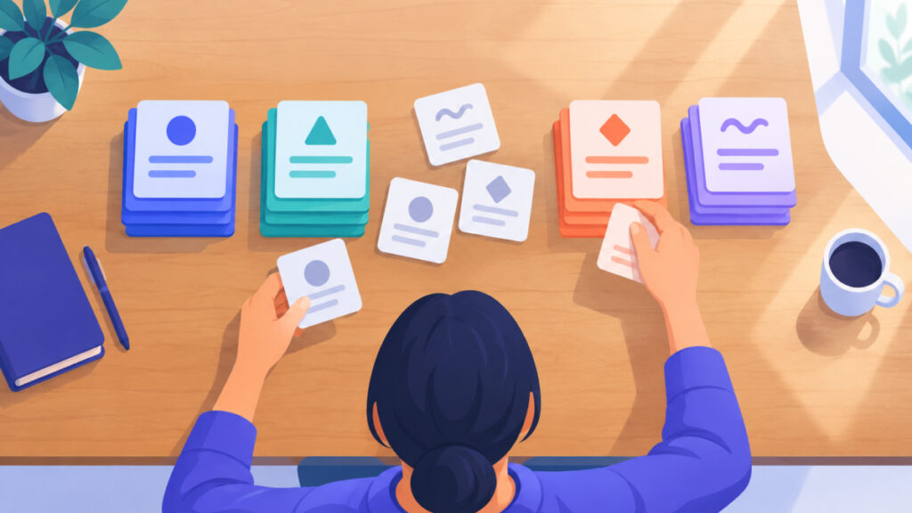 Sorting query cards into groups to judge search intent and mixed intent