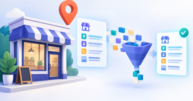 Illustration of a shop location and structured data representing local schema markup in JSON-LD