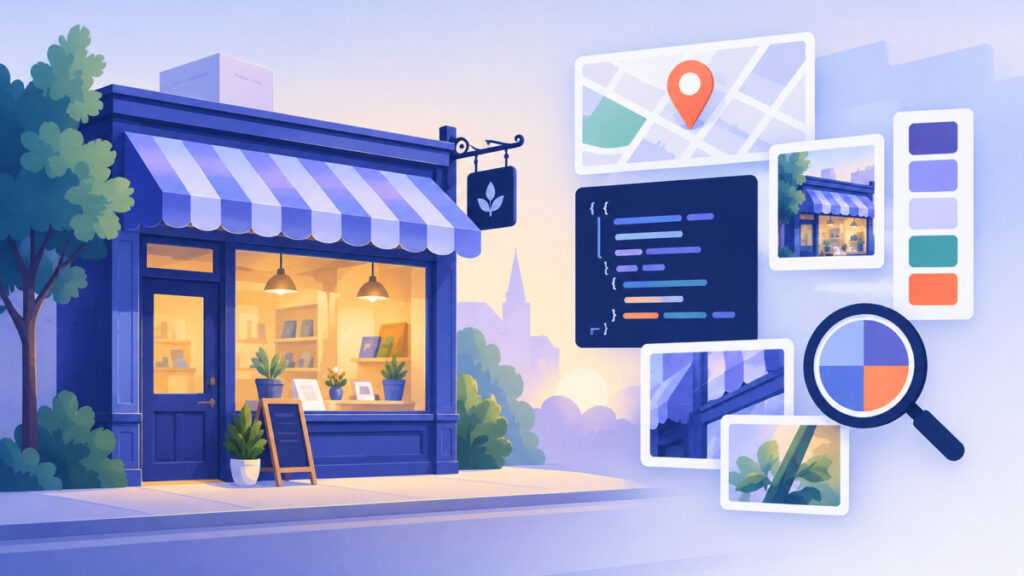 Illustration of a small neighbourhood shop representing a business location described with local schema markup