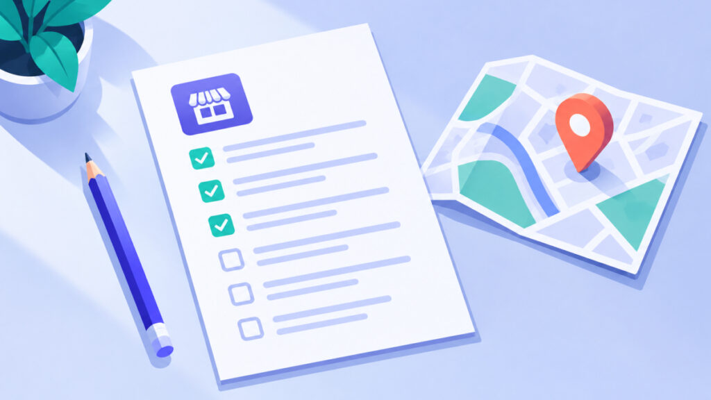 Checklist and map pin illustrating the properties to include in LocalBusiness structured data