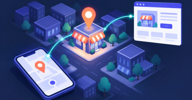 Map pin over a neighborhood shop connected to a webpage, illustrating local search intent