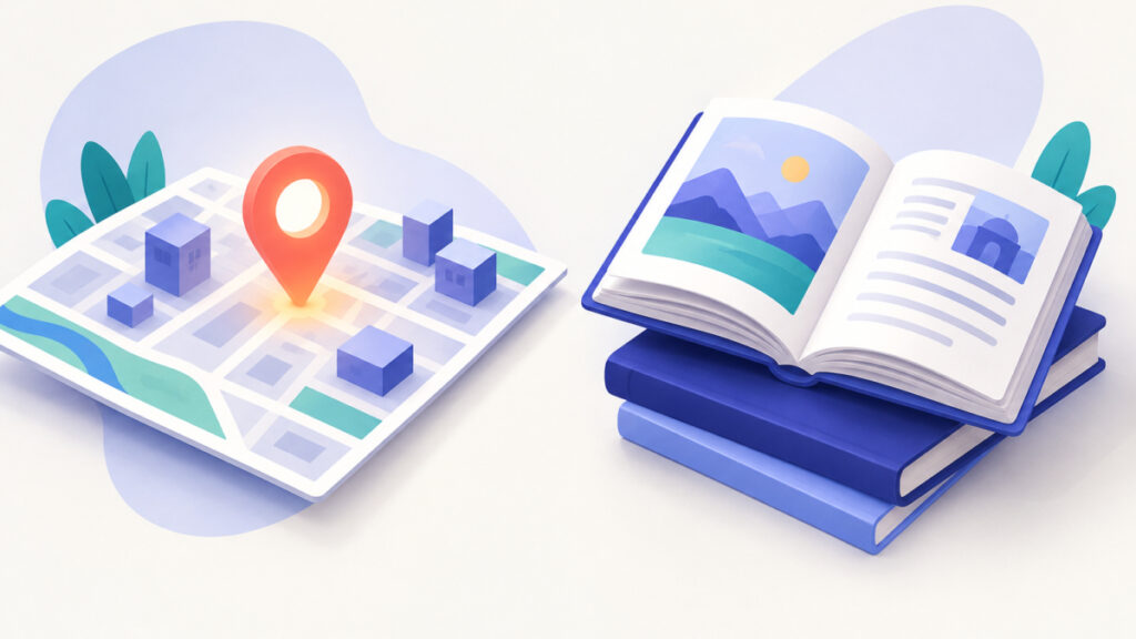 Illustration contrasting a map pin for a nearby business with open guidebooks for general information, representing local search intent