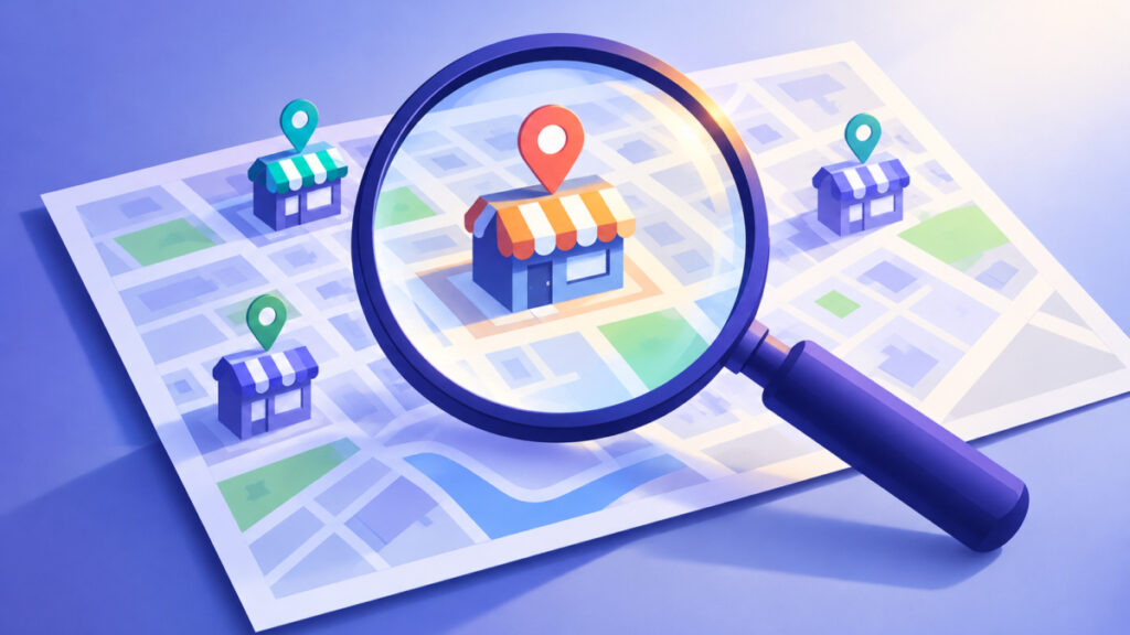 Magnifying glass over a city map with shop icons, illustrating clues for local intent keywords