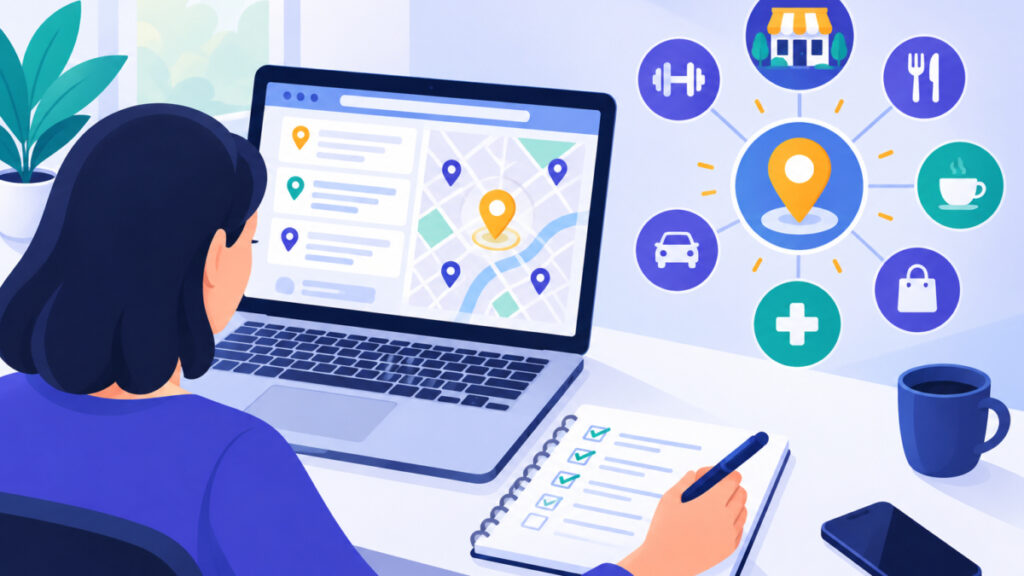 Person reviewing a live search results page and taking notes to check local search intent