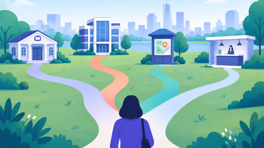 Four different paths representing stages of personal injury law firm search intent