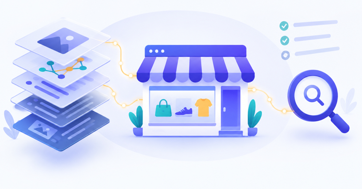 Illustration of schema markup benefits for Shopify SEO and structured data on an online store