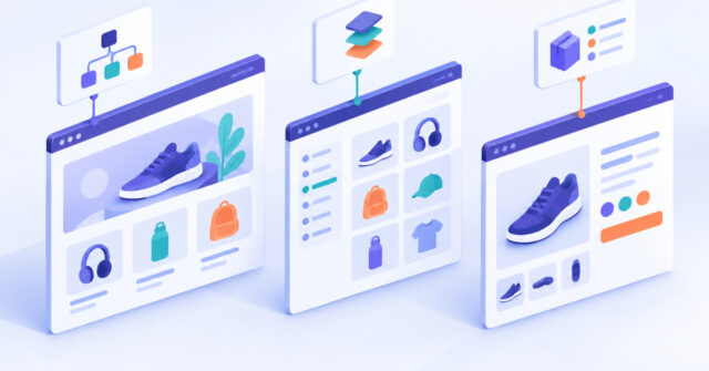Online store pages connected to structured data cards illustrating schema markup for ecommerce website templates
