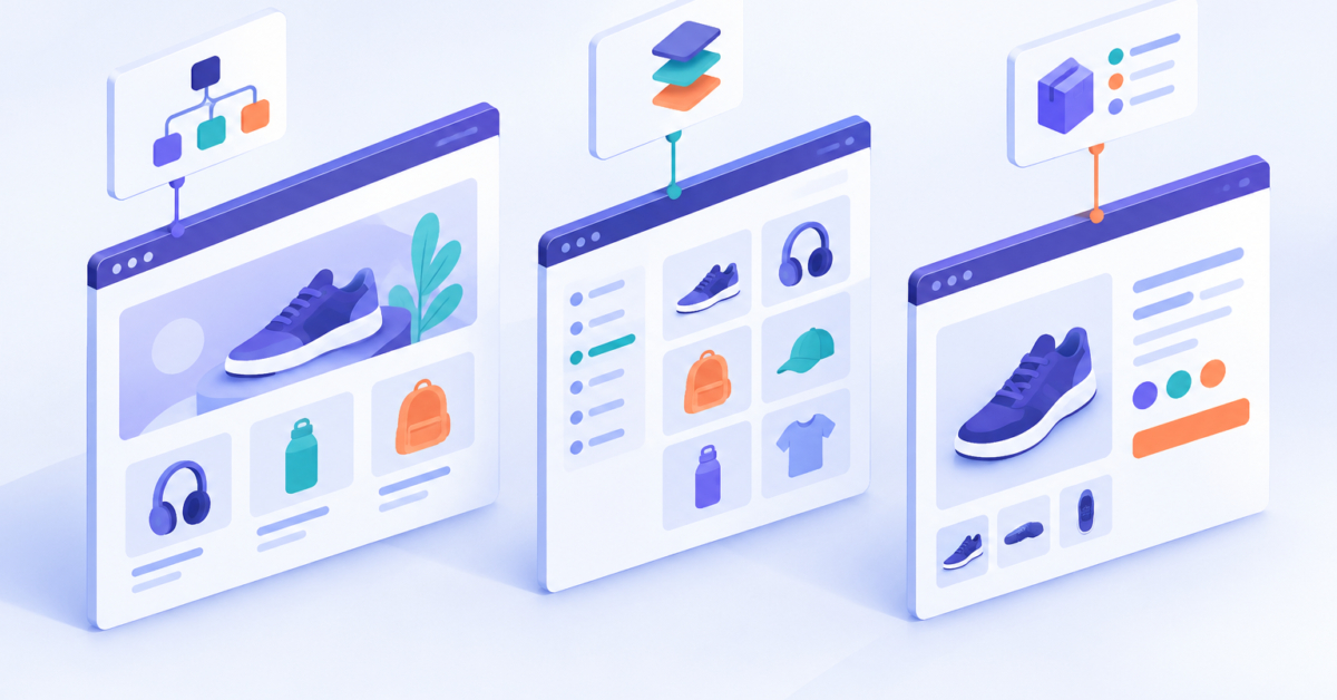 Online store pages connected to structured data cards illustrating schema markup for ecommerce website templates