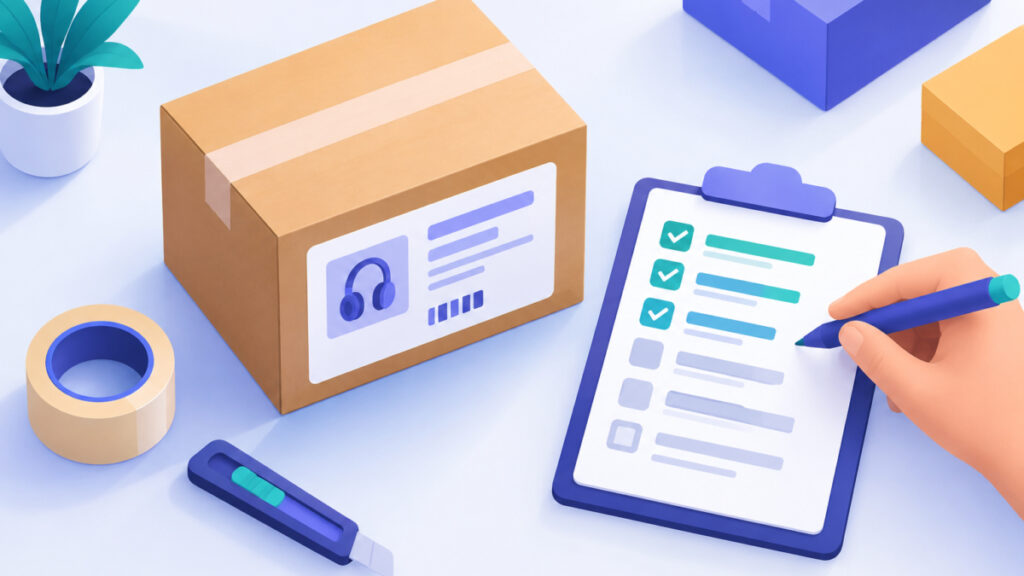 Required and recommended structured data fields illustrated as a checklist beside a product box