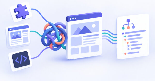 Schema markup WordPress concept showing plugin, theme and manual JSON-LD feeding one page