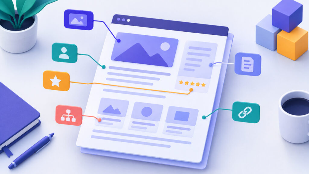 Conceptual illustration of a web page with hidden labels describing its content