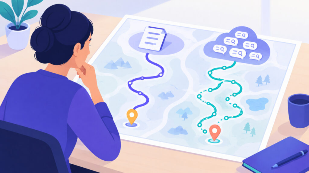 Two planning paths compared in search intent retargeting: grouping by page visited versus interpreting aggregate search patterns