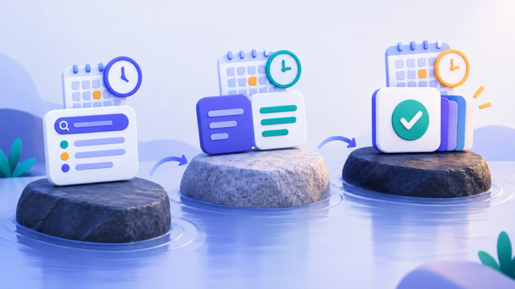 Three stepping stones representing learning, comparing and ready-to-act intent stages
