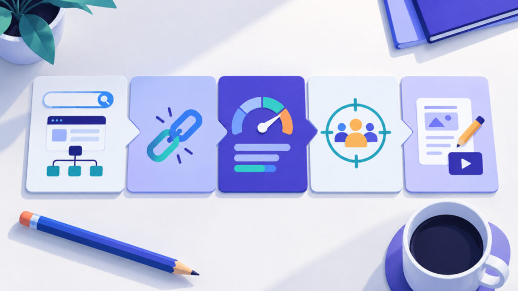 Five-step workflow for search intent retargeting laid out as connected cards