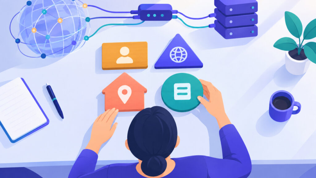 Illustration of a business owner separating a business name, site name, domain and page keywords