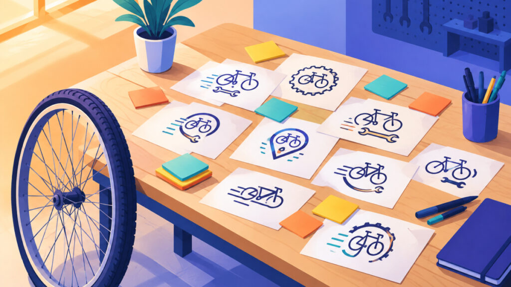 Brainstorming table with sketched name ideas for a bicycle repair service