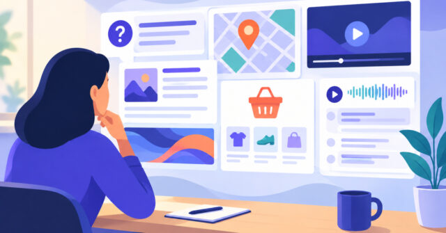 Illustration of a person studying SERP features and search intent on a results page