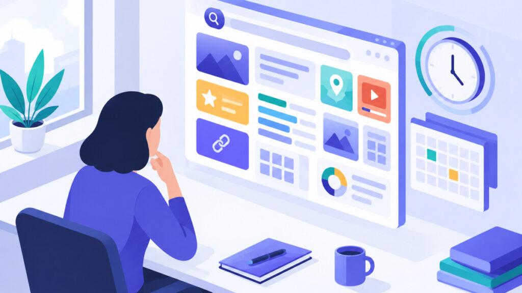Illustration of a person studying different panels on a search results page to understand SERP features and search intent