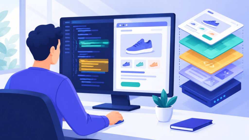 Store owner auditing existing JSON-LD structured data in page source before editing a Shopify theme