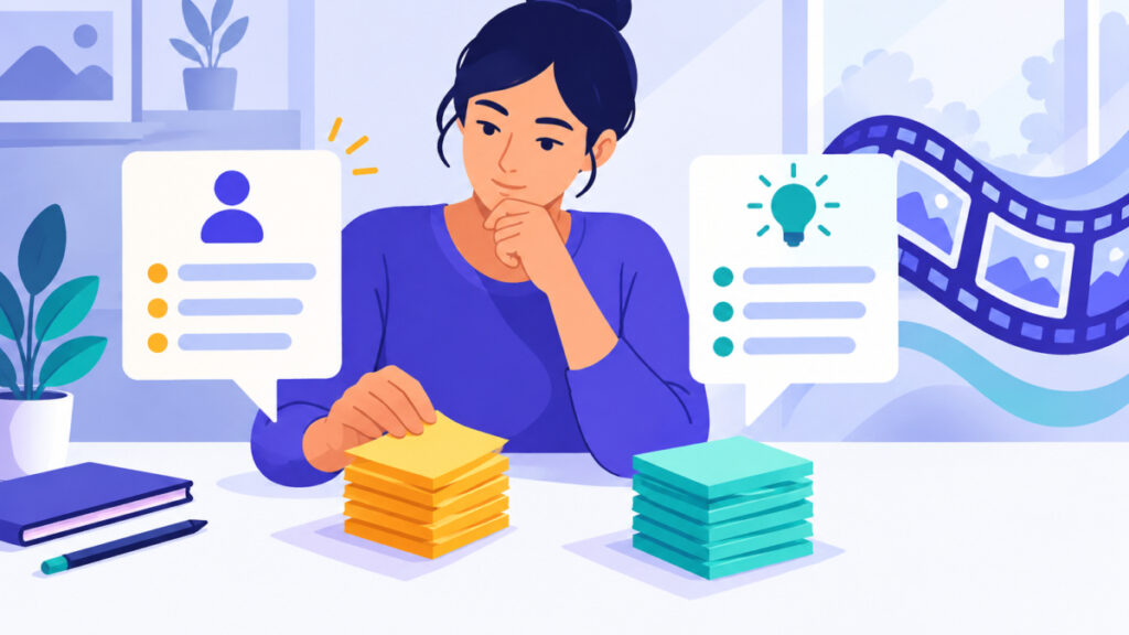 Designer separating sticky notes into hiring questions and learning questions at a desk