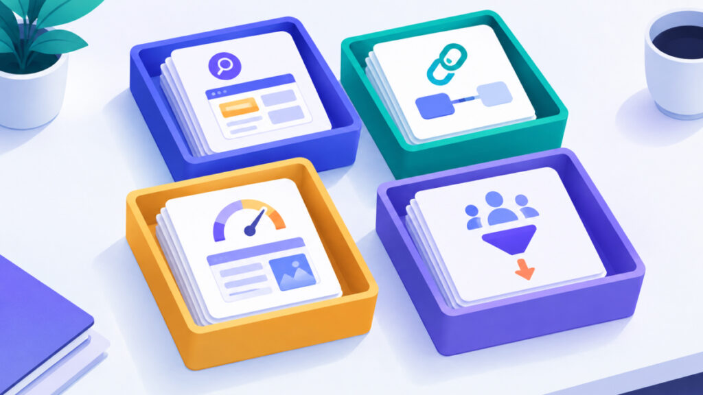 Four colour-coded trays sorting web design search phrases by purpose